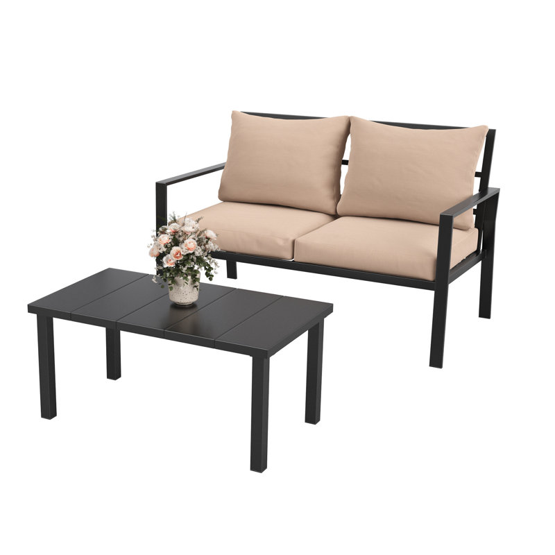2 Seater Outdoor Sofa with Coffee Table, Beige