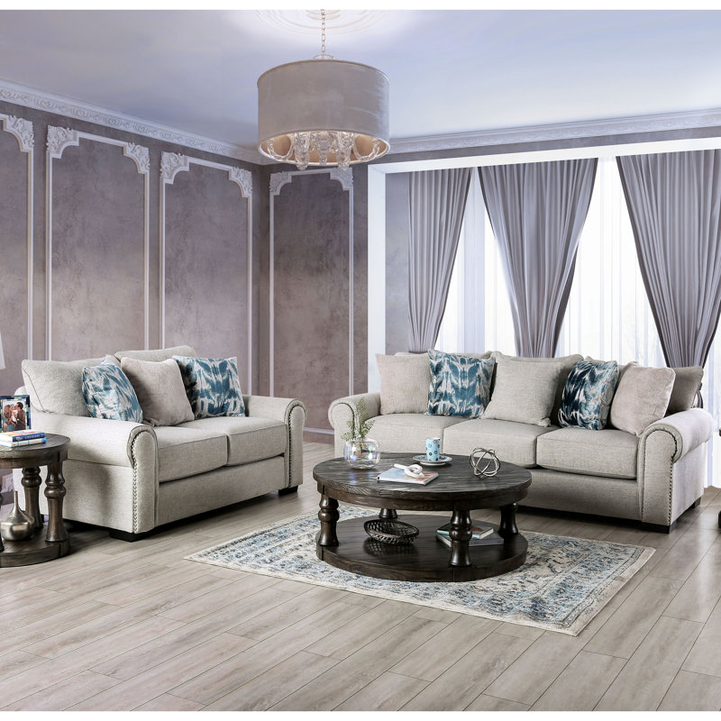 Ensemble de salon 2 pièces Araujo, Chenille crème, Beige/bleu