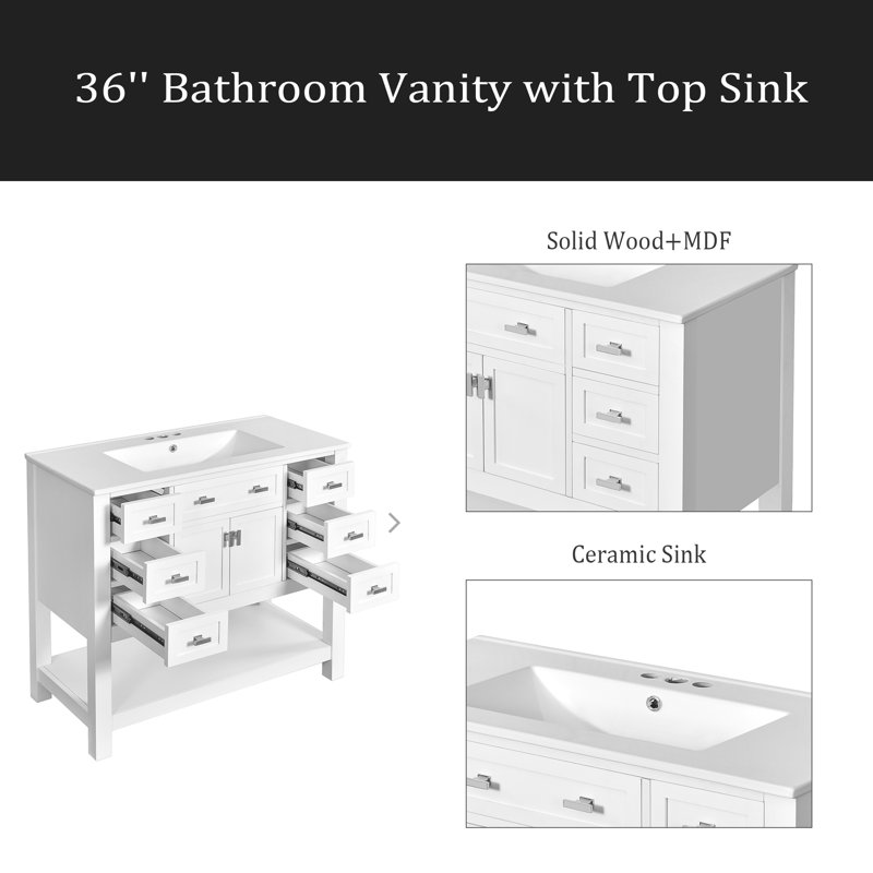 Meuble-lavabo 36 po avec lavabo supérieur, armoire de rangement moderne avec 2 portes à fermeture douce et 6 tiroirs, meuble-lavabo simple