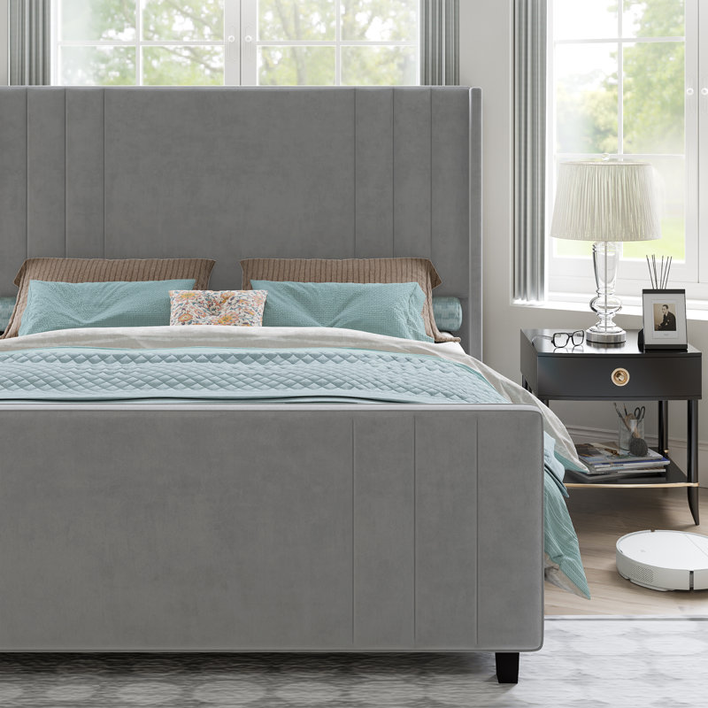 Light Gray Velvet Upholstered Queen Bed with Tufted Headboard