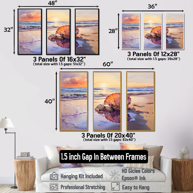 Coastal Treasures Sunset Seashell I - plage, art mural, H 28 po x l 36 po, Cadre flottant doré