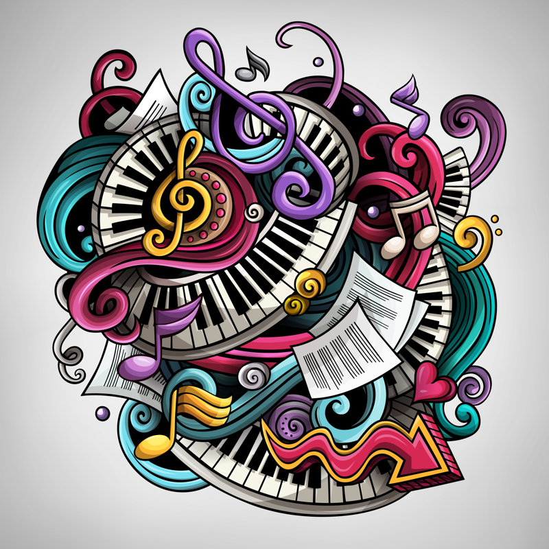 Dessin de Keyvonna, illustration mignonne de musique Doodles par Kostenkodesign, H 12 po x l 12 po x P 1,25 po