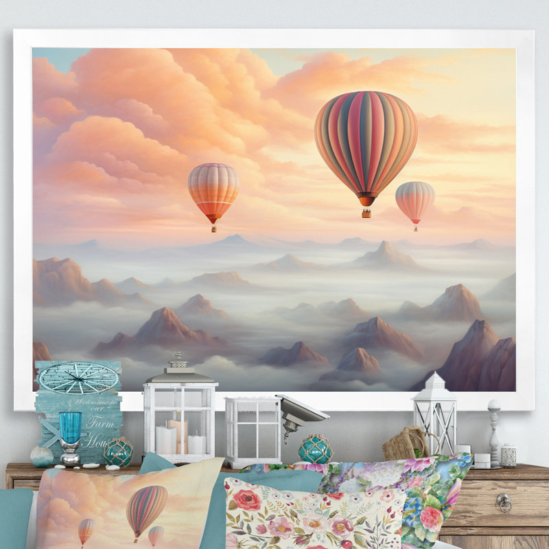 Pink Hot Air Ballon Ethereal II - Transportation Canvas Wall Art, H 34 po x l 44 po x P 1,5 po, Cadre photo blanc