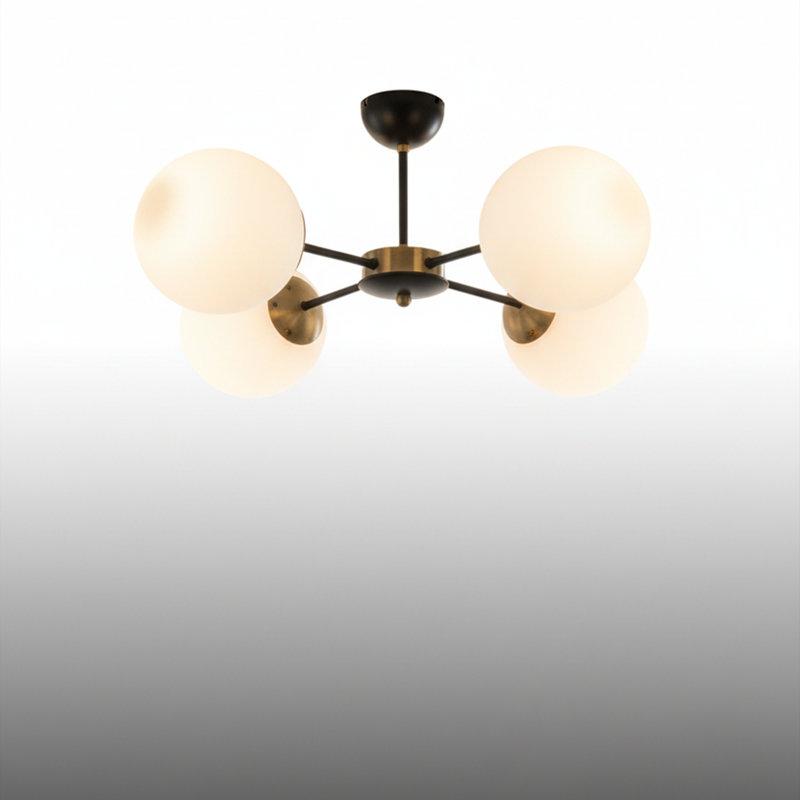 Lustre moderne Spoutnik 4 lumières avec abat-jour sphériques ambre / blanc, Blanc / Cuivre, Blanc