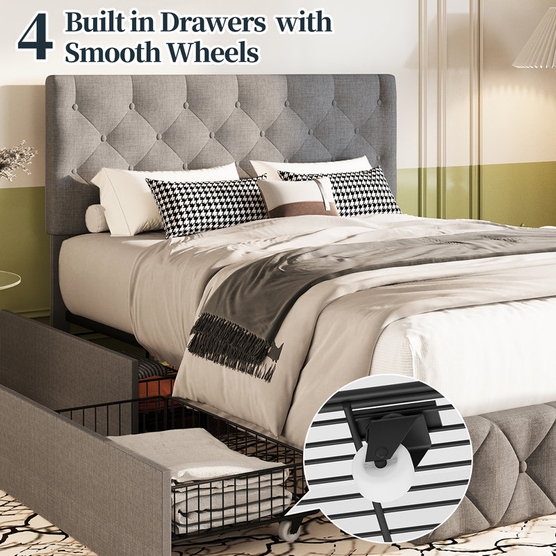 Grey Queen Upholstered Platform Bed with 4 Storage Drawers