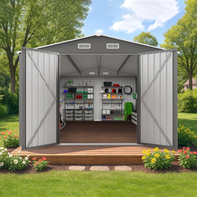 Remise de rangement extérieure en métal de 10 pi x 14 pi, abri de jardin durable avec trois portes verrouillables et une fenêtre transparente pour la cour, le patio, le jardin, l'abri toutes saisons pour les vélos, les outils de jardinage, les tondeuses à gazon