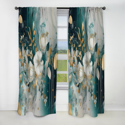 Or bleu marbré fleurs I - Rideau floral - Rideau floral occultant en velours - 1 panneau