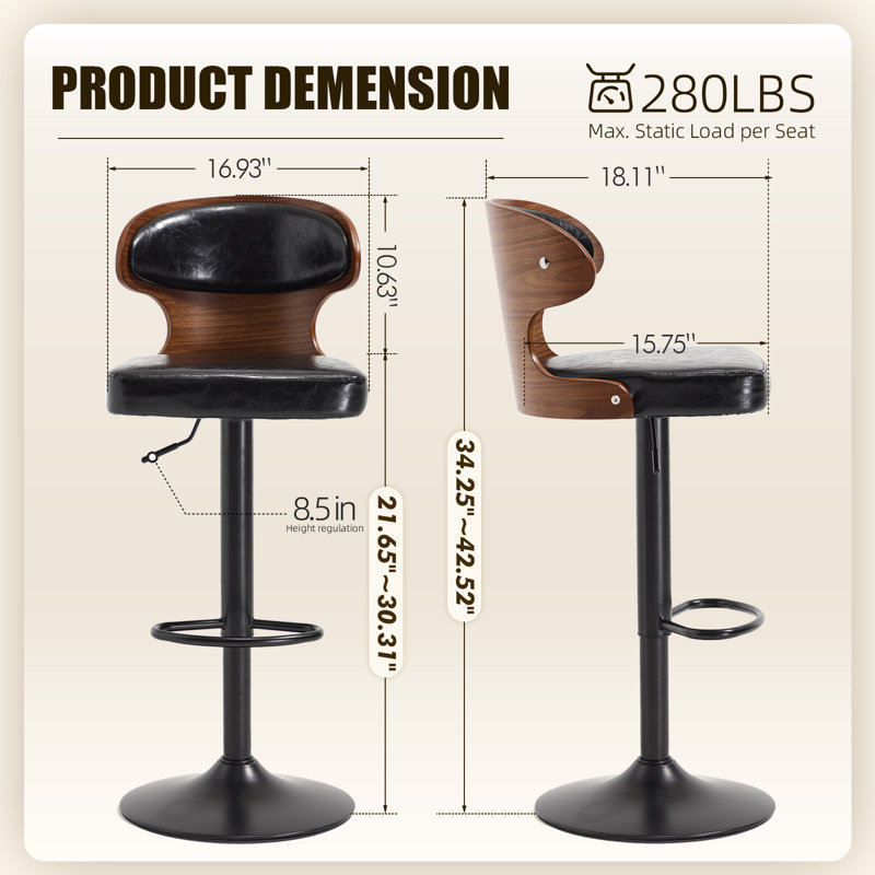 Swivel PU Leather Adjustable Height Bar Stool, Black