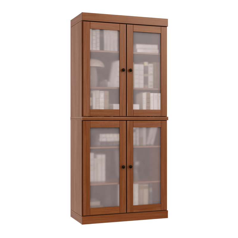 Uriyah 100% Solid Wood 6-Shelf Bookcase with Frosted Glass Doors and Adjustable Shelves, Mocha
