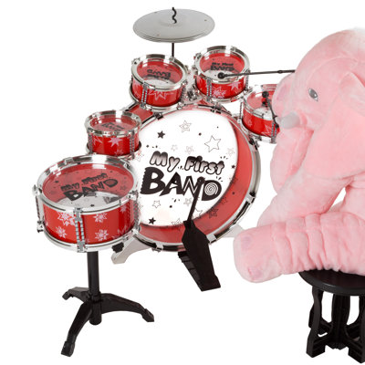 10-Piece Toy Drum Set for Kids - Bass Drum with Foot Pedal, 5 Tom Drums, Cymbal, Stool, and 2 Drumsticks for Toddler Boys and Girls by Hey Play (Red)