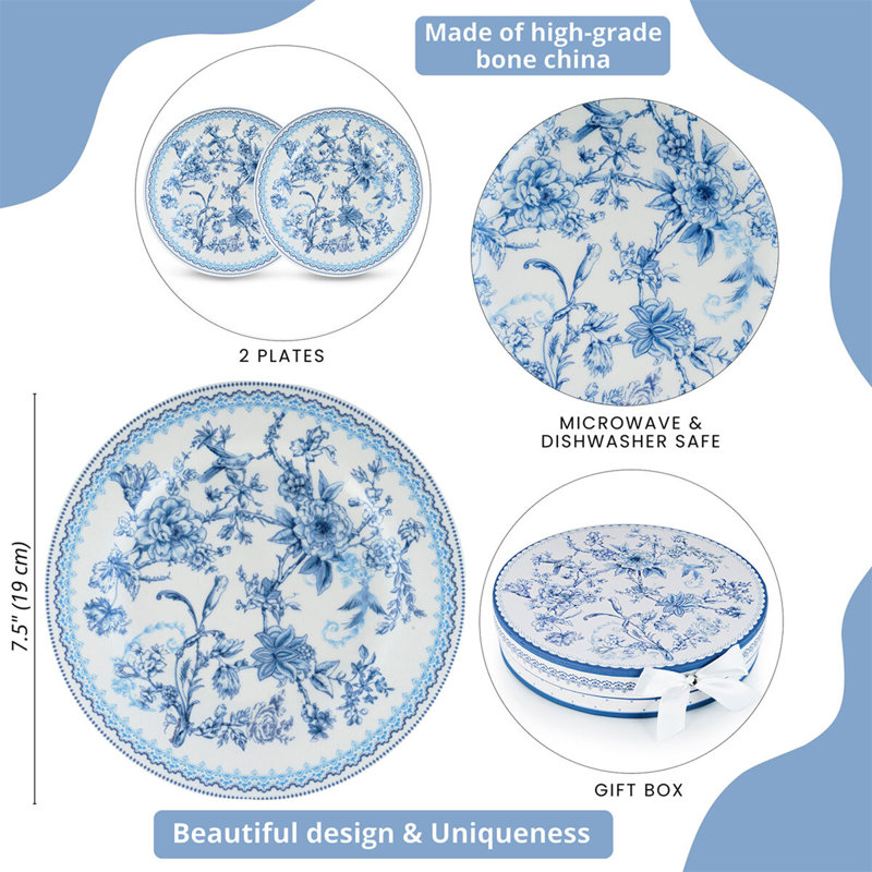 Assiettes à gâteau fleurs bleues dans une boîte cadeau assortie 