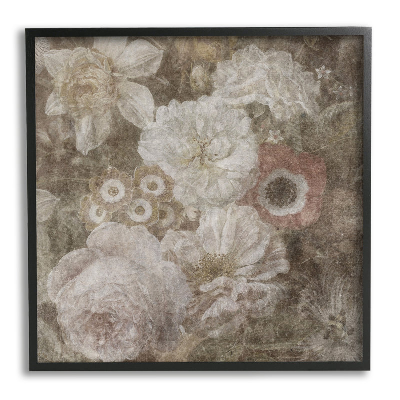Arrangement floral antique sur bois, impression, H 24 po x l 24 po x P 1,5 po, Giclée encadrée noir minuit