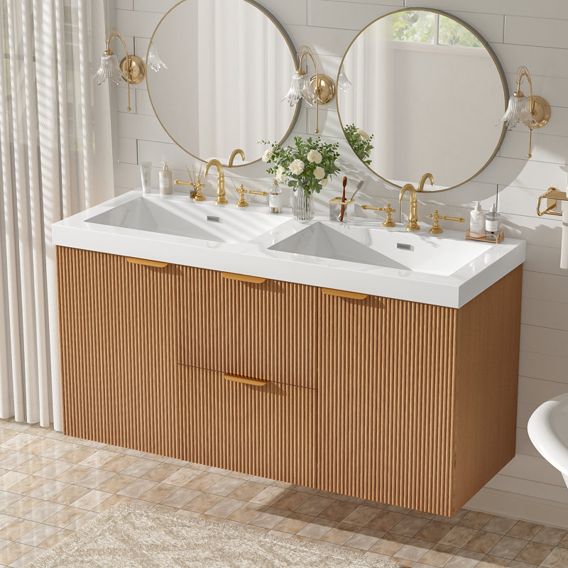 Meuble-lavabo double 47,24 po avec comptoir SMC, 2 tiroirs et 2 armoires à fermeture en douceur, meuble-lavabo double mural