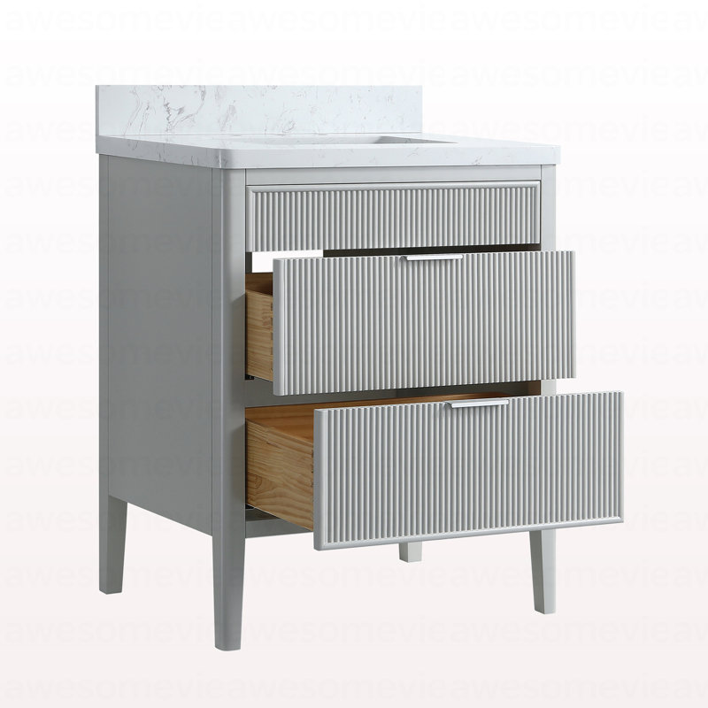 Ensemble de meuble-lavabo autoportant 30 po avec 2 ensembles de poignées et plateau en marbre d'ingénierie entièrement assemblé gris