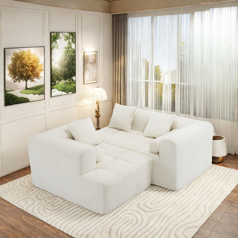 Full-compressed Sofa Modular Sofa Couch With Deep Seating, Two Side Pockets, Three Square Pillows, 2 Cylindrical Pillows And Tufted Design