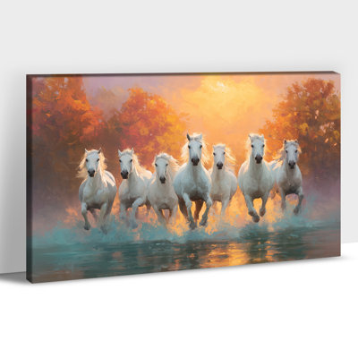 Horse Wall Art, 7 Horses Running Painting Vastu With Frame, Horse Pictures Wall Decor, 7 Running Horses Painting Large Horse Canvas Wall Art for Living Room, Bedroom, Office 24" × 32"