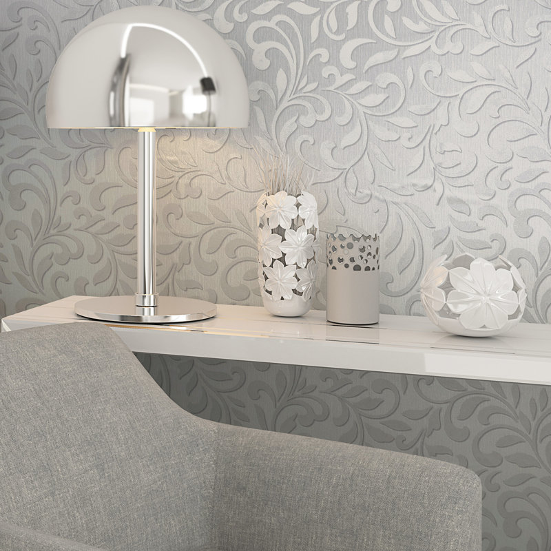 Leafy Scroll Damask Wallpaper Roll, White