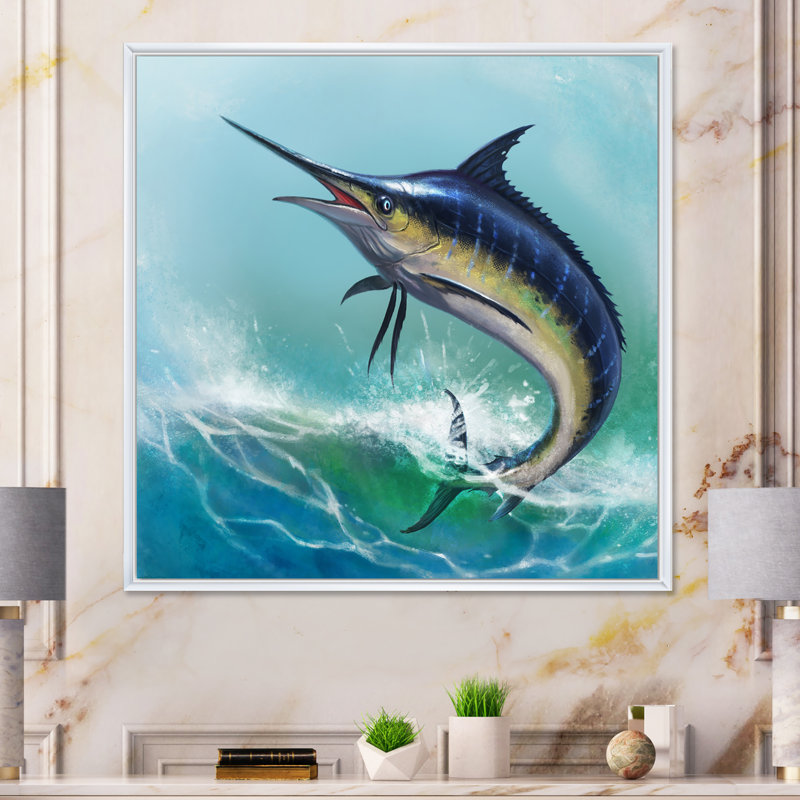Marlin bleu dans l'océan - Peinture, H 30 po x l 30 po, Cadre flottant blanc
