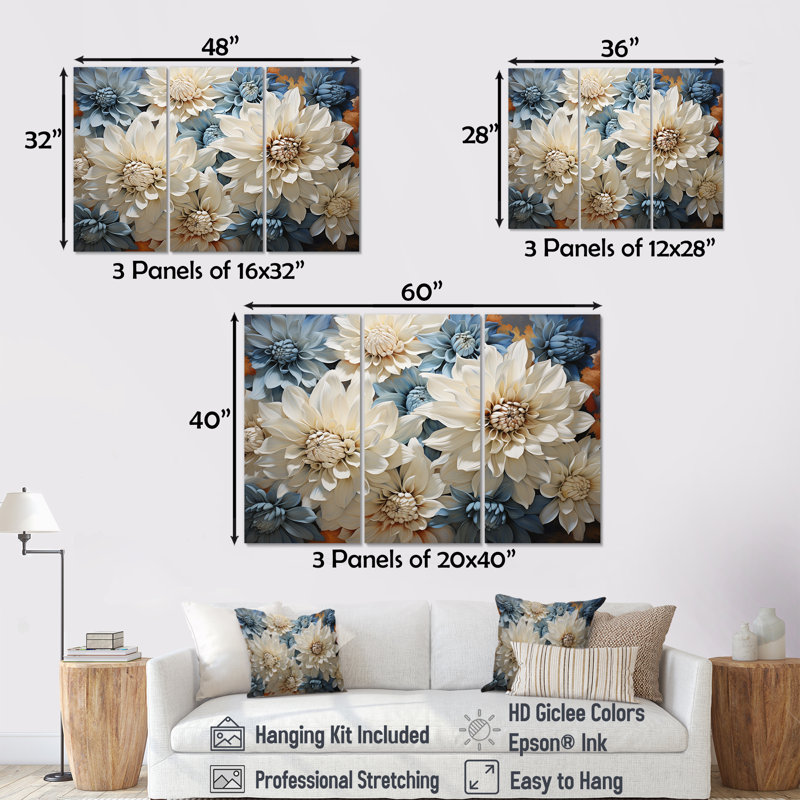 Ensemble de salon mural blanc et bleu Chrysanthemums, Toile tendue, H 40 po x l 60 po x P 1 po