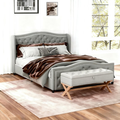 Ensemble de chambre à coucher 2 pièces: lit capitonné avec tiroirs de rangement et banc à coussin capitonné