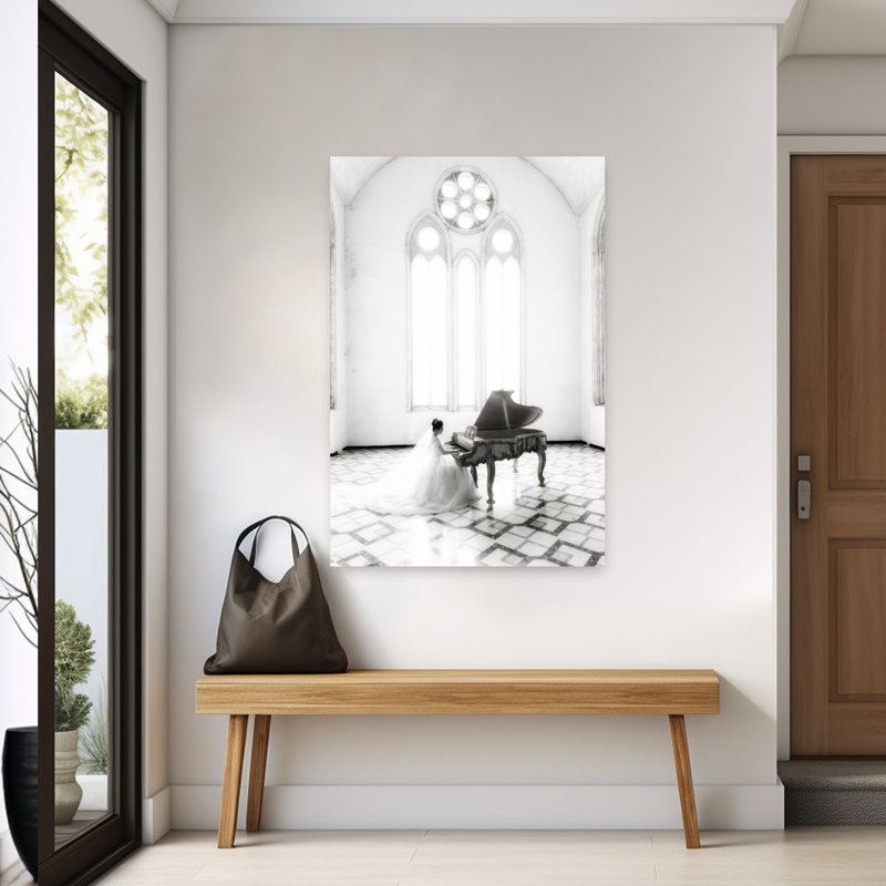 Mariée jouant du piano à queue, élégant gothique romantique, impression d'art mural, H 60 po x l 40 po
