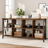 Geron 62" Extra Long Industrial Console Table Sofa Table, 8 Cube Storage Organizer Bookcases, 3 Tier Farmhouse Console Table