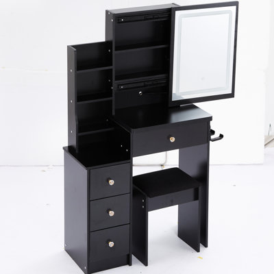Small Space- Vanity Table And Chair , 2 Ac + Power Station, Sliding Touch Control Led Mirror, Option, , Black Desk Stool - & , Mirror With , American Style