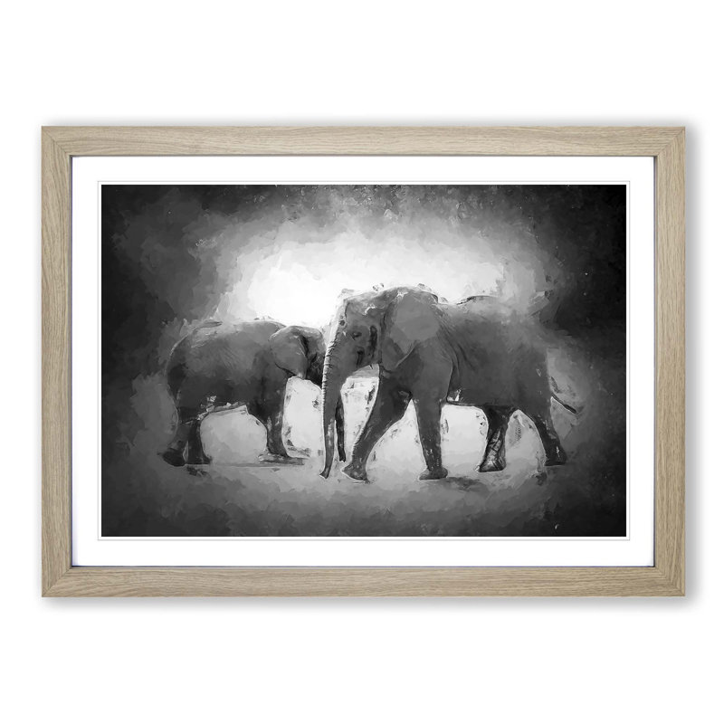 Elephants Crossing Paths in Abstract - Picture Frame Painting Print on MDF, 27cm H x 36cm W , Oak Framed