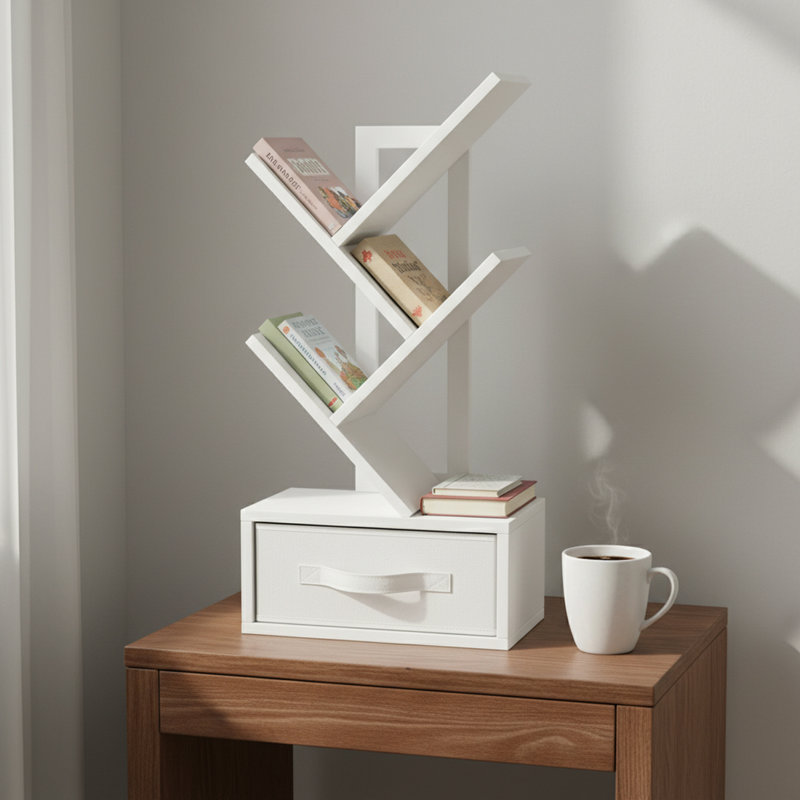 Organisateur de rangement pour bureau debout à 4 niveaux avec tiroir, Blanc