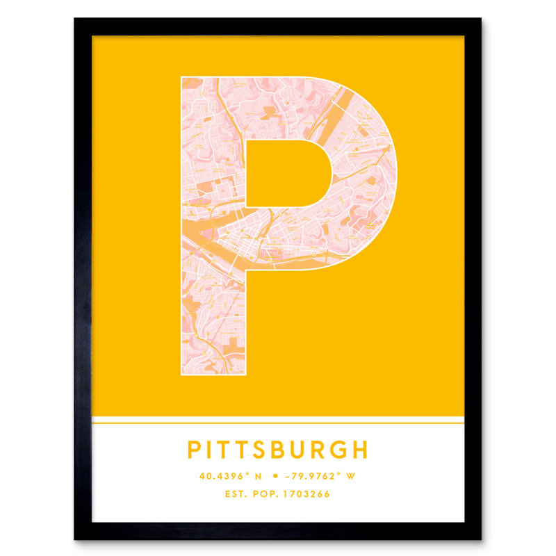 Pittsburgh Pennsylvania United States City Map Yellow - Single Picture Frame Typography