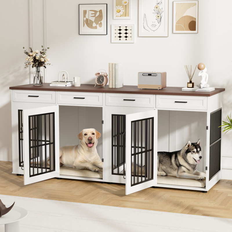 Meuble double 86,7 po pour caisses pour chien, grand chenil de ferme avec 4 tiroirs comme meuble télé, cage robuste pour 2 grands chiens