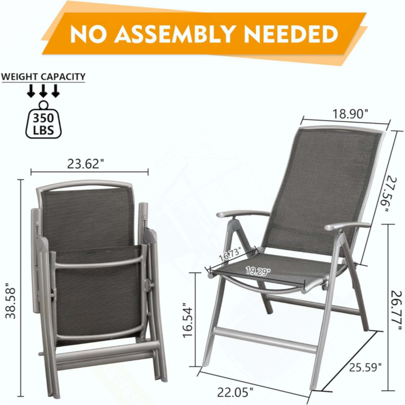 Ensemble de 2 chaises de patio pliantes, chaises de patio inclinables d'extérieur à cadre en aluminium pour le jardin, le camping, la plage, la terrasse, chaises de jardin réglables à haut dossier avec siège en tissu PVC-coated polyester