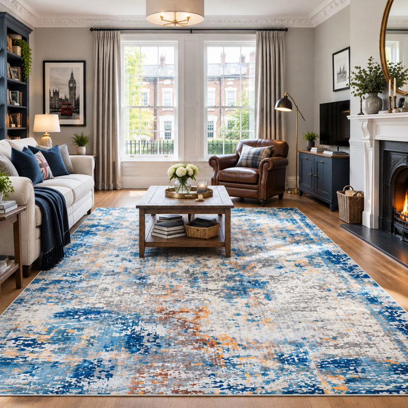 Abstract Washable Soft Living Room Rug, Blue, Rectangle 200 x 300 cm
