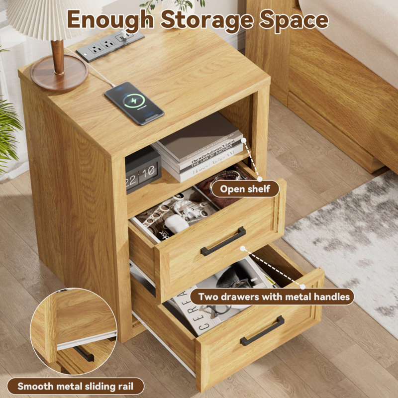  2-Drawer 17.7'' Wide Nightstand with Built-In Outlets, Wood Night Stand Bedside Table, Black Handles & Open Shelf