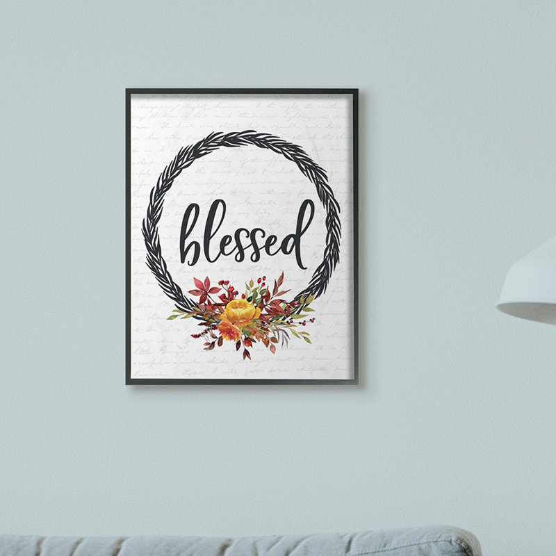 « bénis », art textuel sur couronne fleur automne, H 30 po x l 24 po, Giclée encadrée noir minuit