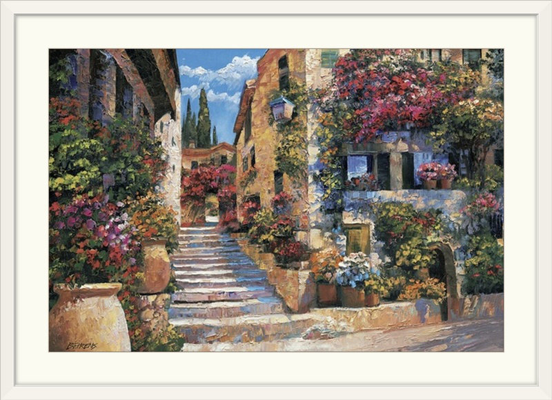 « riviera escaliers », reproduction d’art Howard Behrens, H 28 po x l 38 po x P 1 po, Cadre blanc