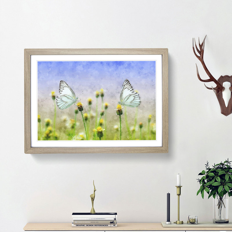 Two Butterflies upon Yellow Flowers - Framed Print, 62cm H x 87cm W x 2cm D, Oak Framed