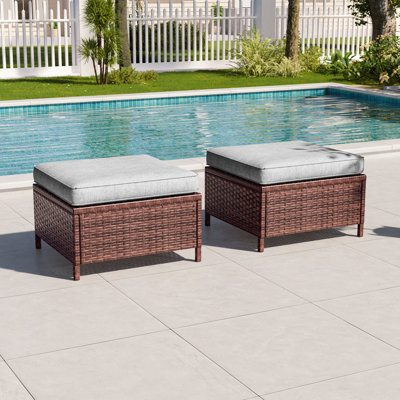 2 Pcs Patio Rattan Ottomans, Outdoor Wicker Ottomans w/Removable Cushion & Steel Frame