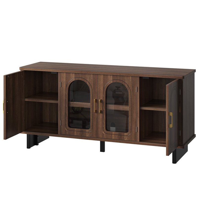 Meuble télé 59 po avec portes en verre arquées, console média pour téléviseurs de 65 po ou moins, armoire de rangement pour le salon et le vestibule