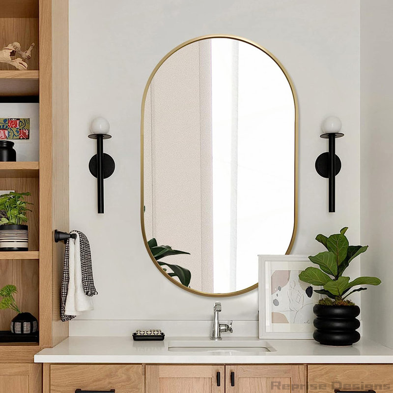 Miroir en métal, Doré, 28 po x 20 po, Ovale