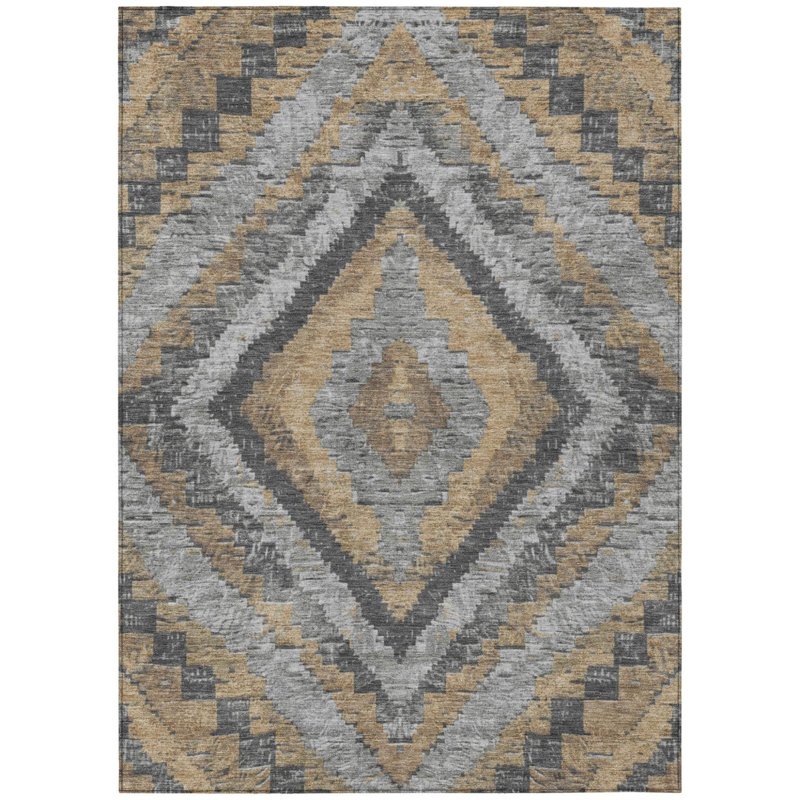 Tapis intérieur/extérieur lavable kaki et gris à motifs aztèques 90 x 150 cm
