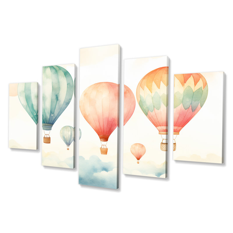 Aquarelle verte et rouge montgolfière Horizon I - montgolfière, ensemble d'art mural multi-panneaux