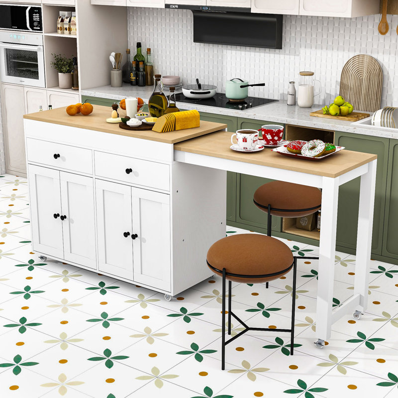 Îlot de cuisine multifonctionnel avec table de salle à manger extensible et rangement spacieux, Blanc