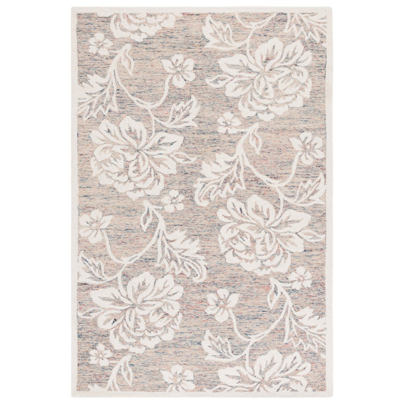 Victorene 757 Hand Tufted Wool/Cotton Floral Indoor Use Only Rug in Gray/Ivory, Square 6'
