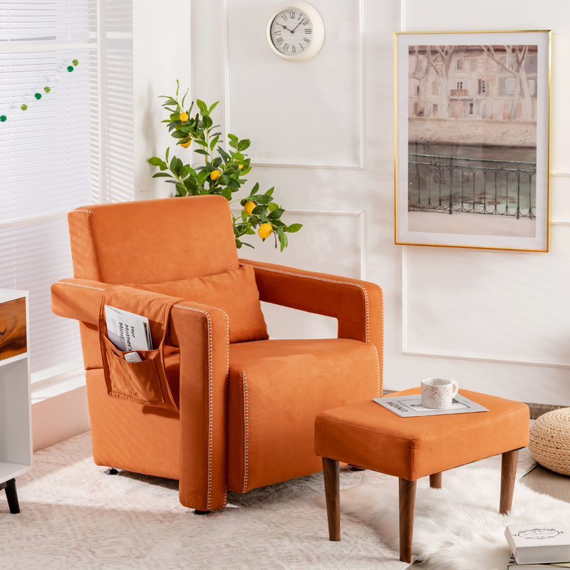 Aidenjohn Upholstered Armchair with Ottoman, Orange Suede Fabric