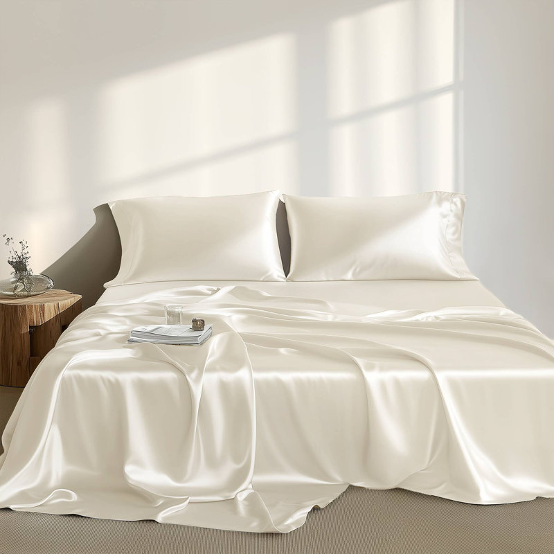 Satin Ivory 100% Satin Luxury Wrinkle Resistant 4-Piece Twin Sheet Set, Twin Sheet Set + 2 Standard Pillowcases, Ivory