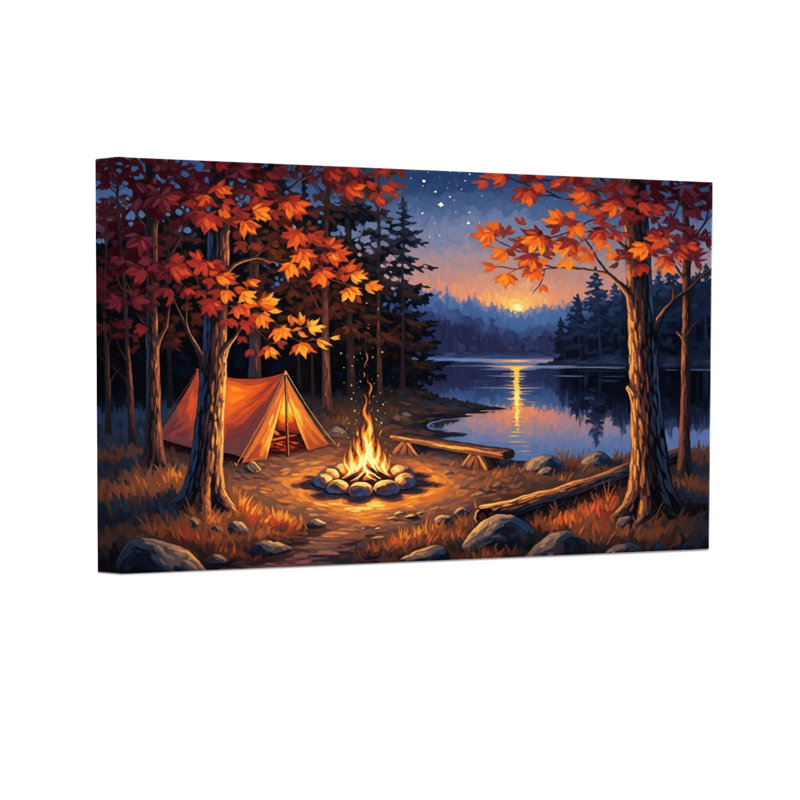 Paysage et nature, camping, coucher de soleil, lac, feu d'arbres, tente, H 12 po x l 18 po