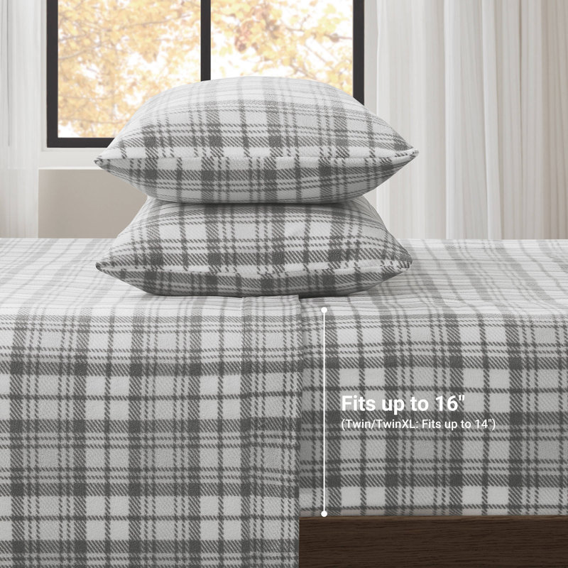 Micro Fleece Sheet Set, Queen Sheet Set with 2 Pillowcases, Gray Plaid