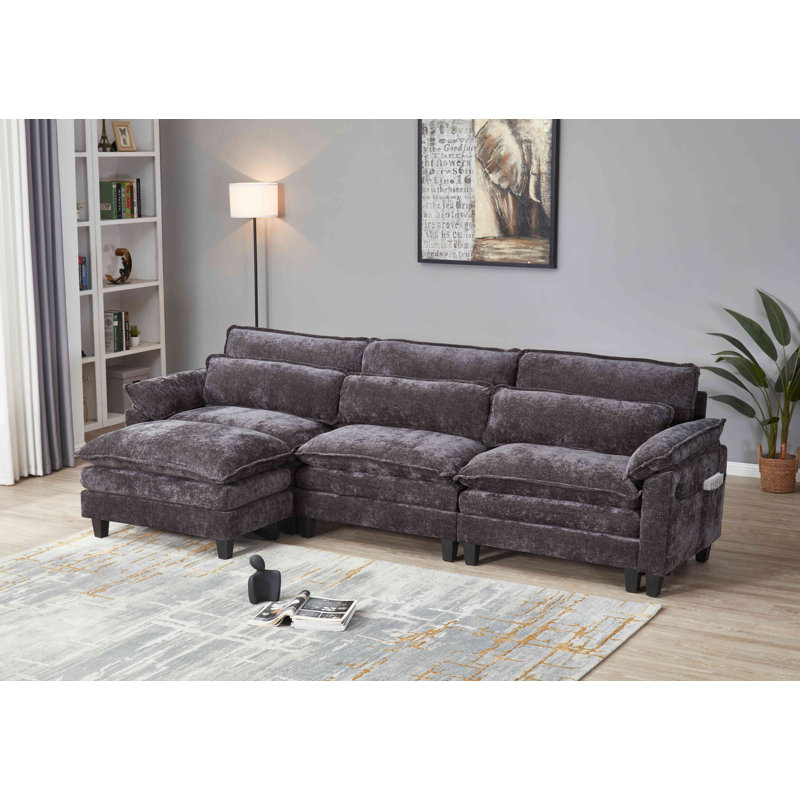 Luqi 4 Seater Modular Sectional Sofa Large L Shaped With Ottoman, 35.8" H x 115" W x 52.4" D, Black Chenille