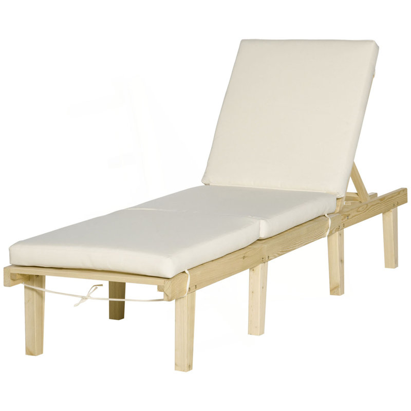 Chaise Lounge Chair, Patio Recliner With 4-Position Adjustable Backrest And Cushion, Pool Lounge Chair, Beige/Natural Wood